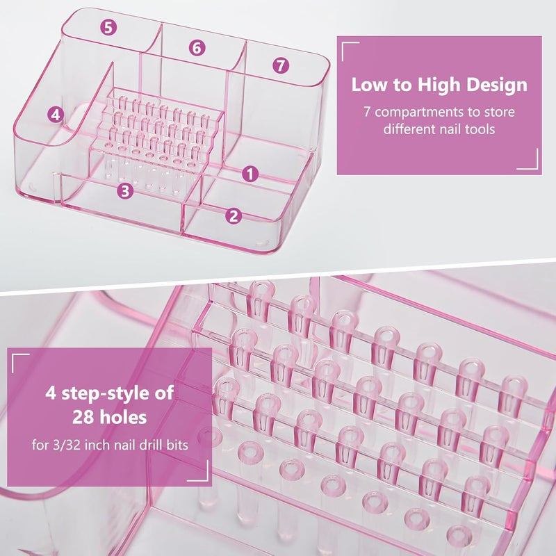 CGBE Nail Drill Holder, 28 Holes Transparent Acrylic Drill Bit Holder for Nails, Professional Nail Tool Organizer and Nail Desk Organizer -Pink (Not Including Nail Drill Machine & Bit) - Image 2